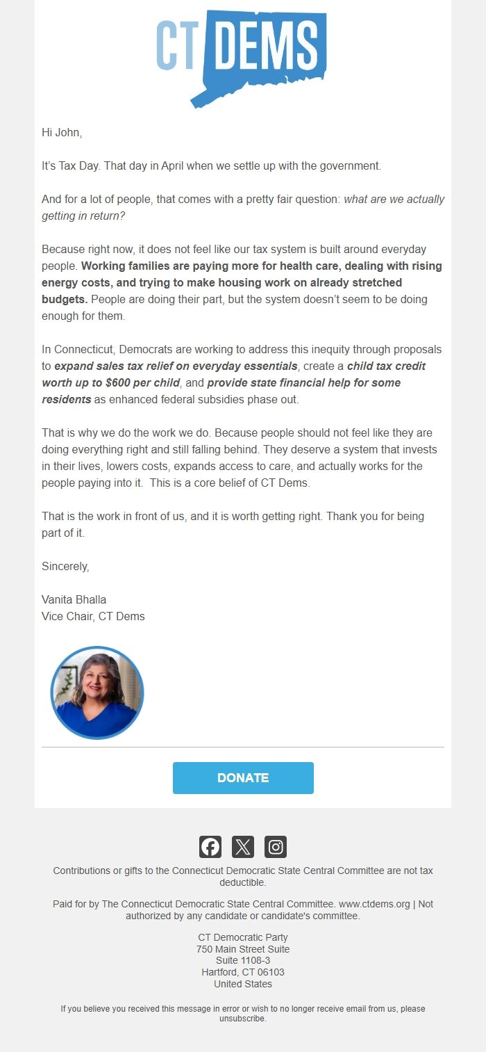 Screenshot of the email generated on import