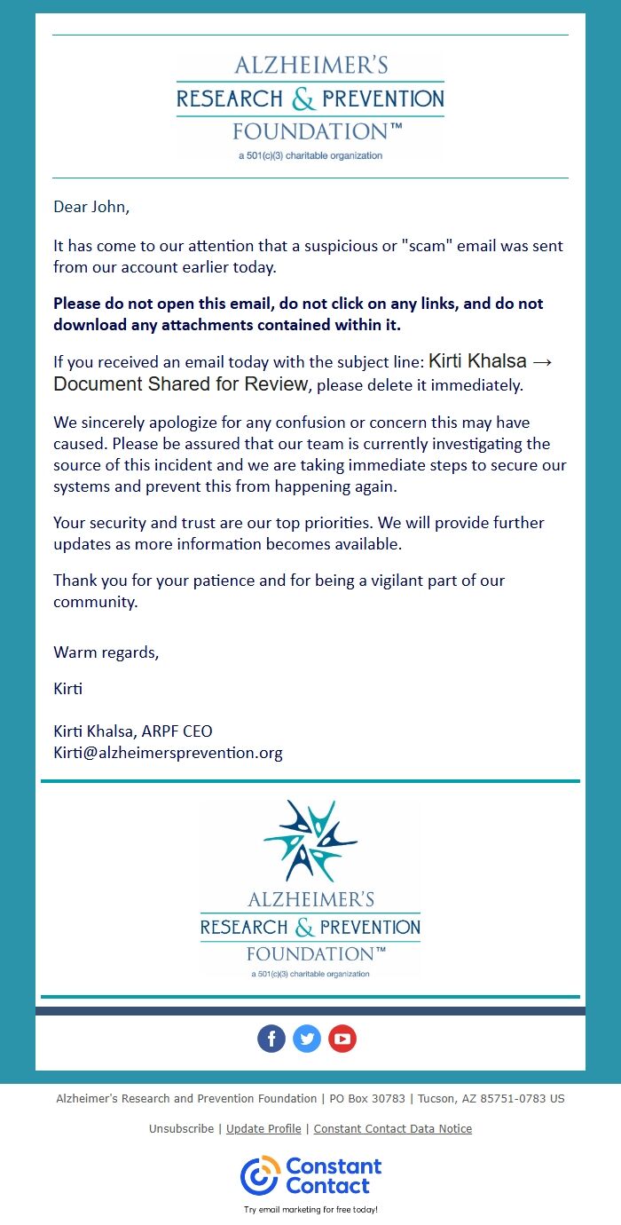 Screenshot of the email generated on import