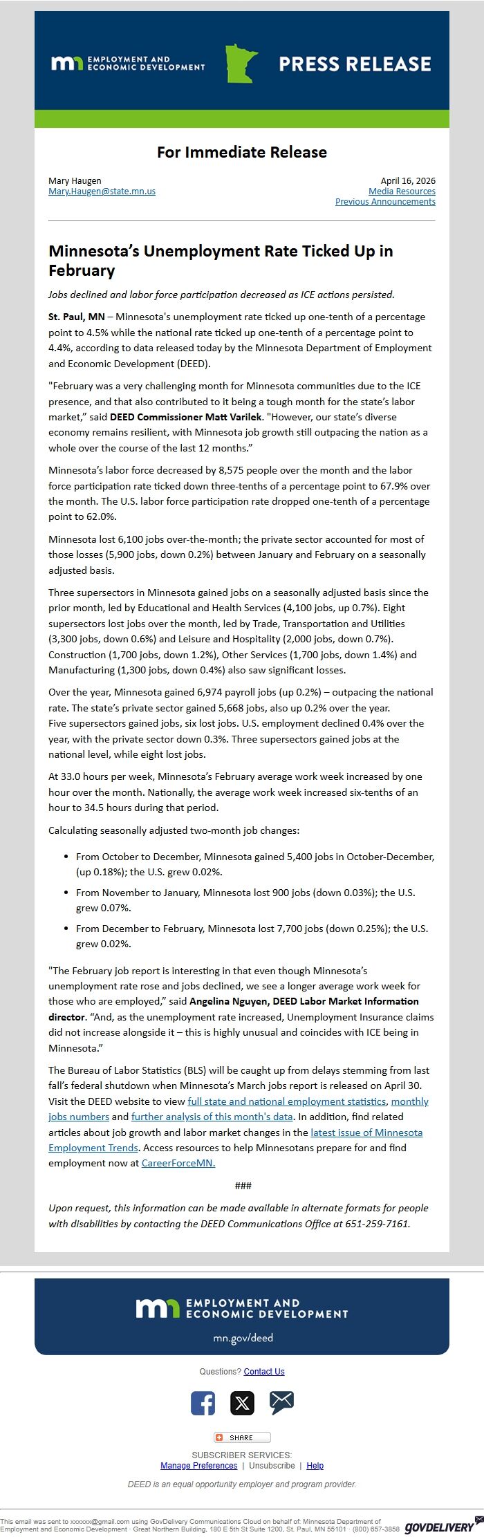 Screenshot of the email generated on import