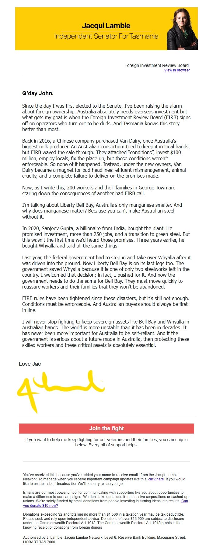 Screenshot of the email generated on import