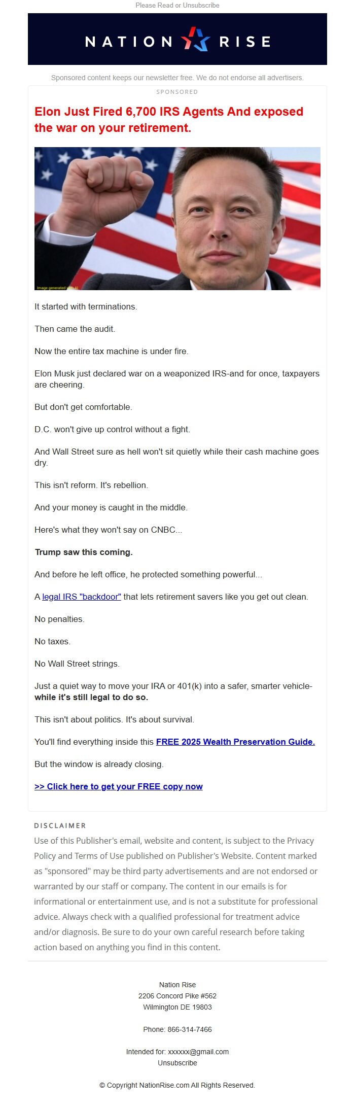 Screenshot of the email generated on import