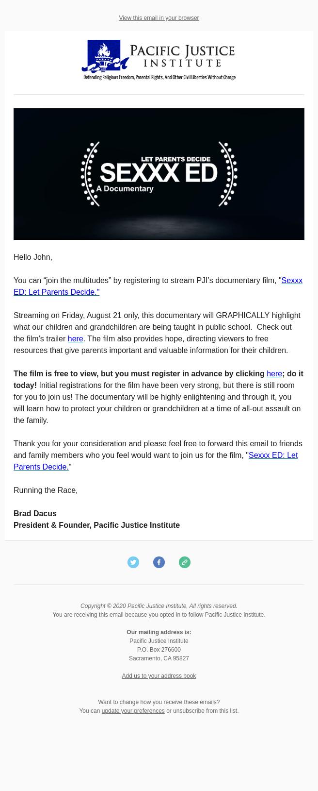 Screenshot of the email generated on import