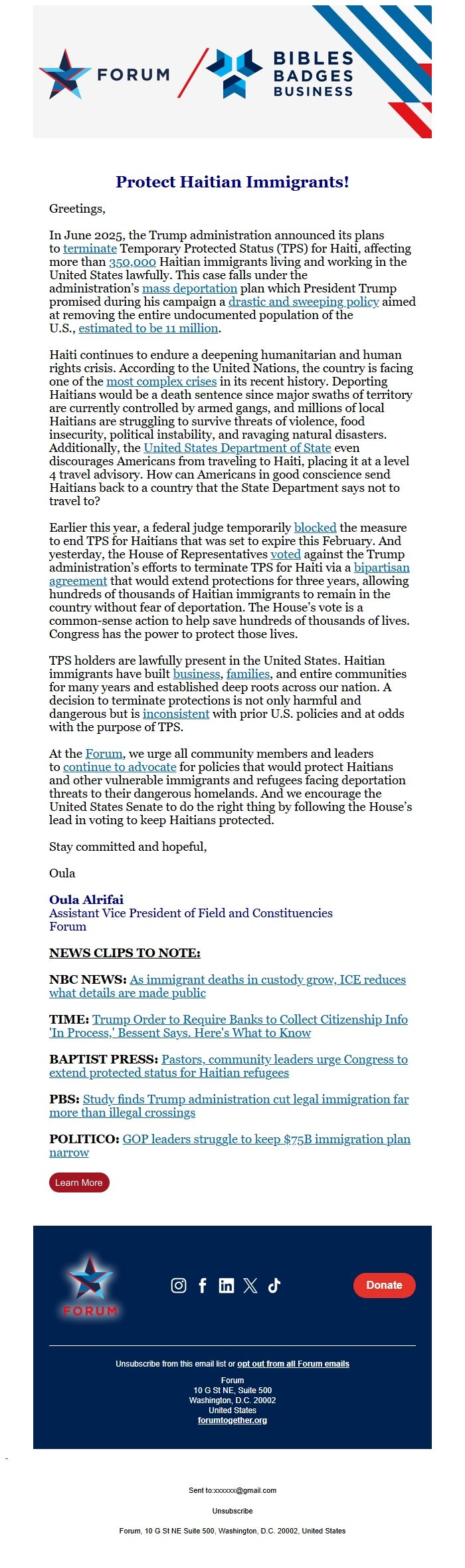 Screenshot of the email generated on import