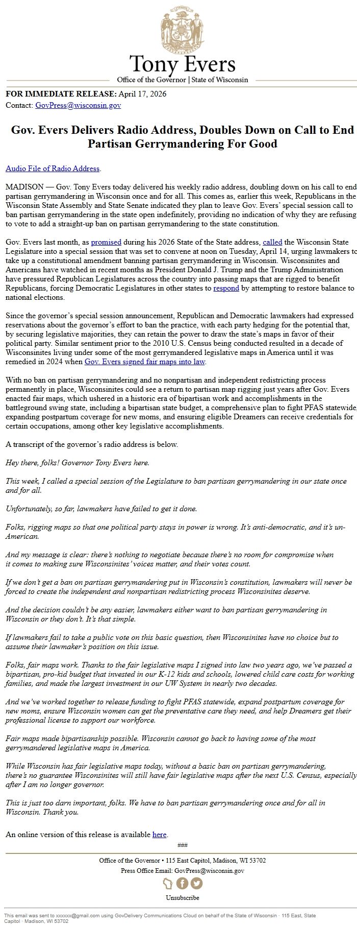 Screenshot of the email generated on import