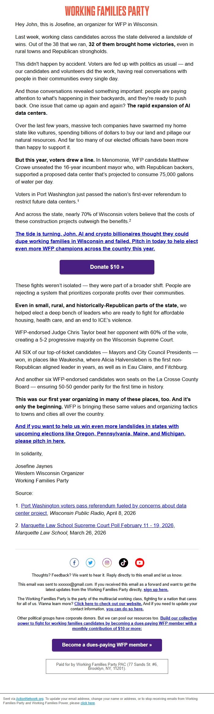 Screenshot of the email generated on import