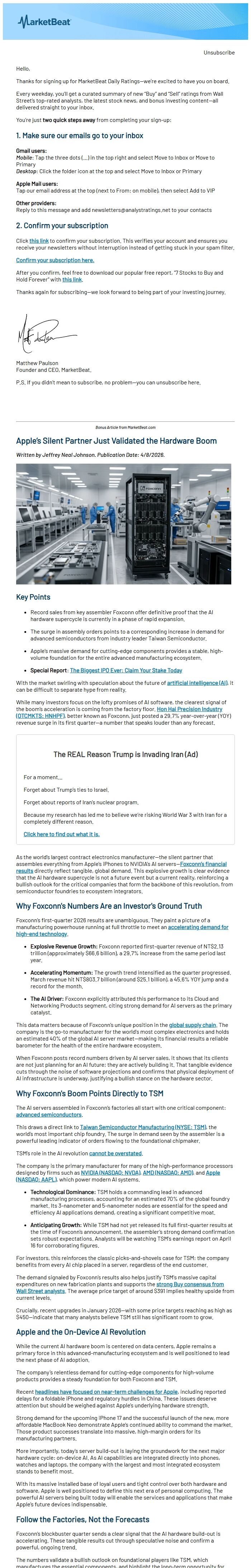 Screenshot of the email generated on import