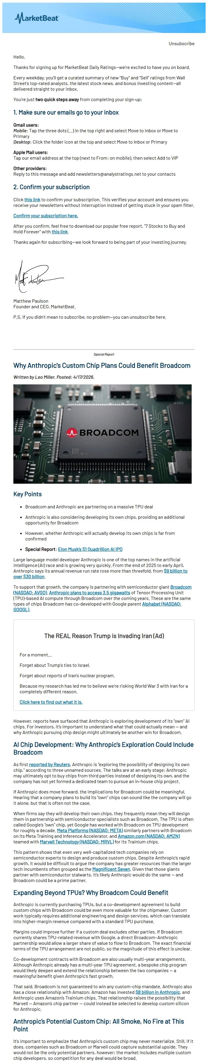 Screenshot of the email generated on import