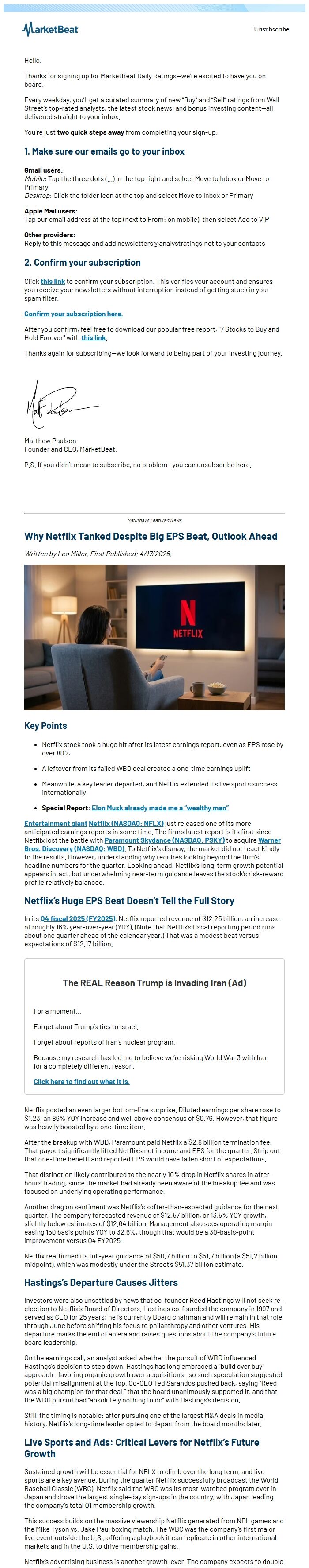 Screenshot of the email generated on import