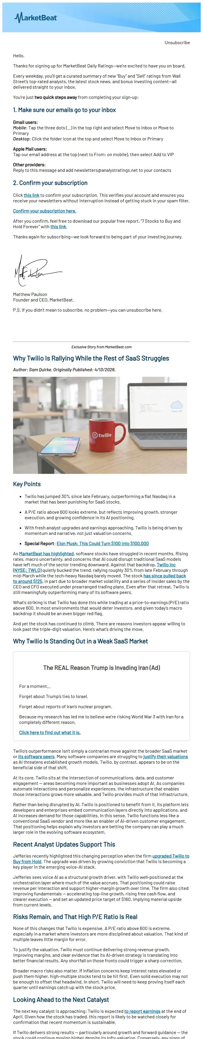 Screenshot of the email generated on import