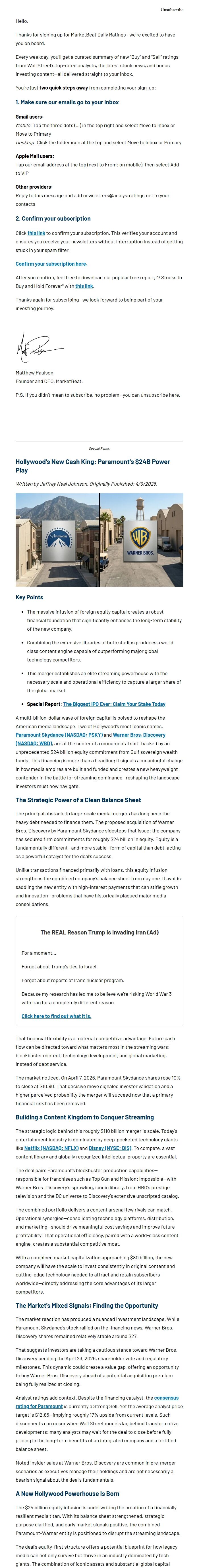 Screenshot of the email generated on import