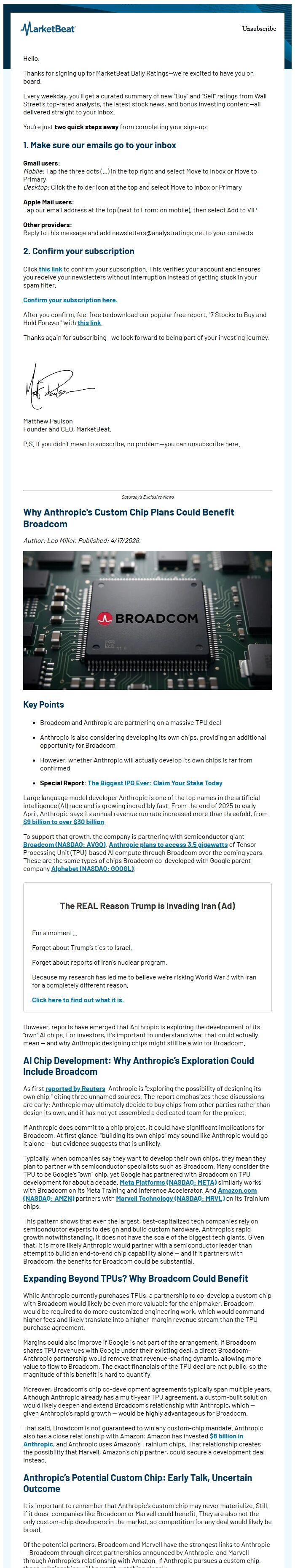 Screenshot of the email generated on import