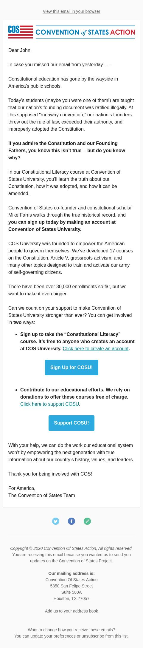Screenshot of the email generated on import