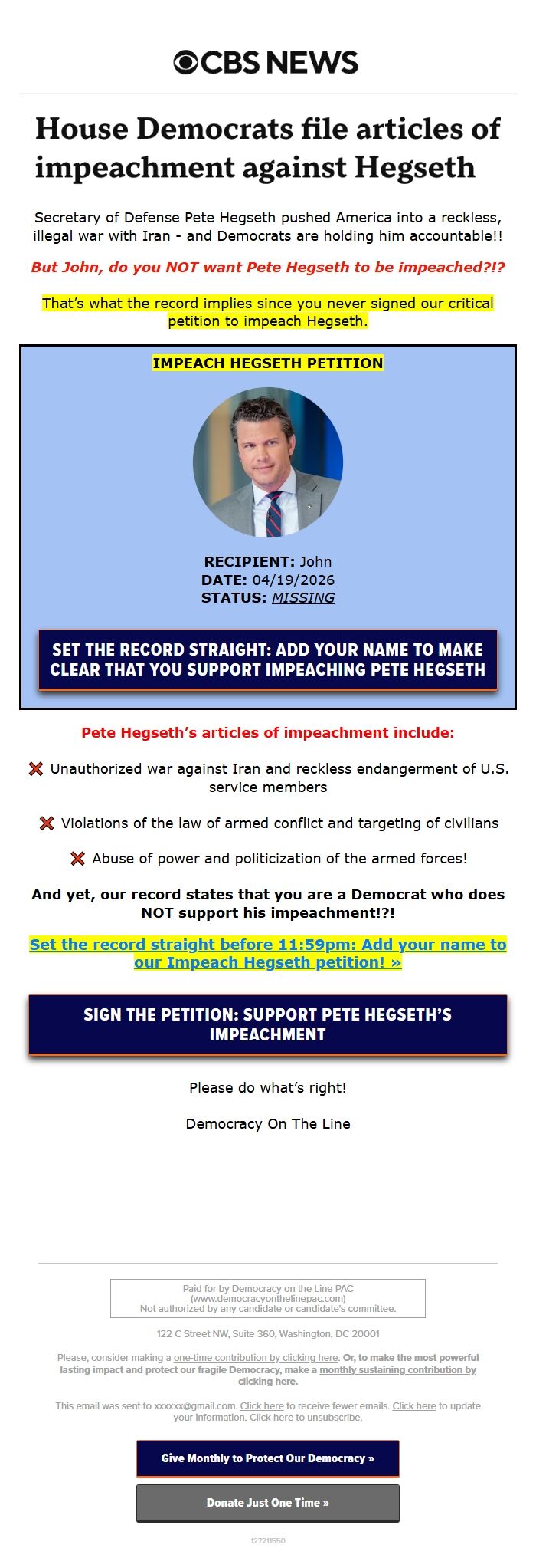 Screenshot of the email generated on import