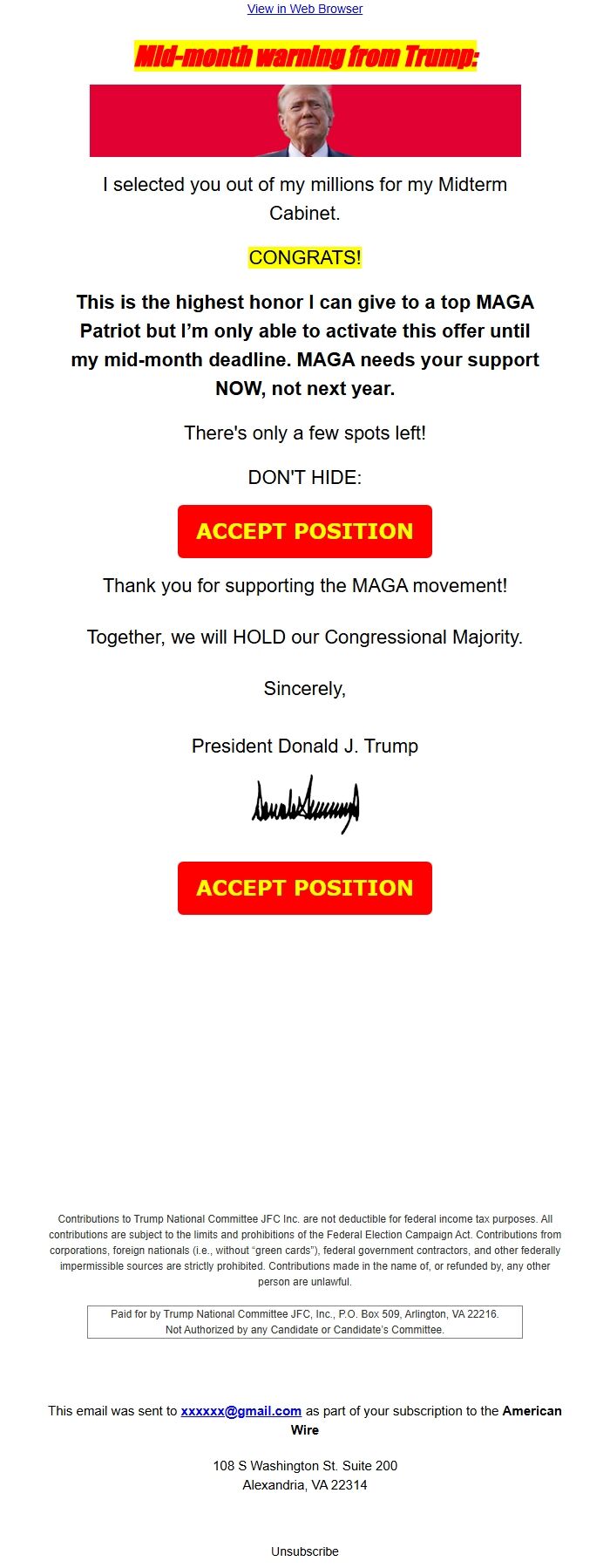 Screenshot of the email generated on import