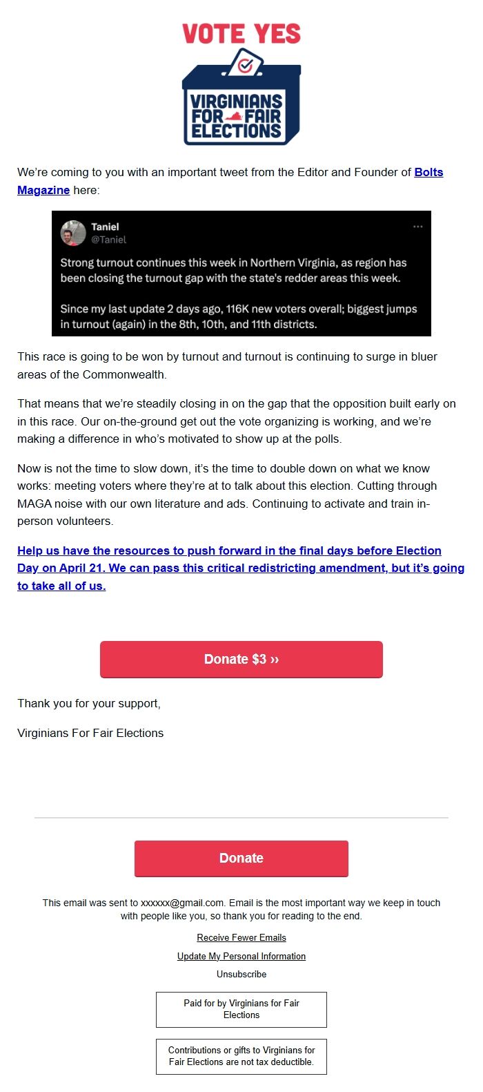 Screenshot of the email generated on import