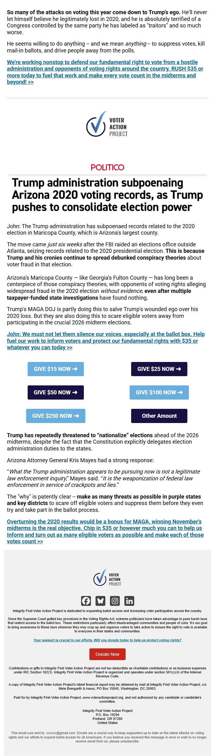 Screenshot of the email generated on import