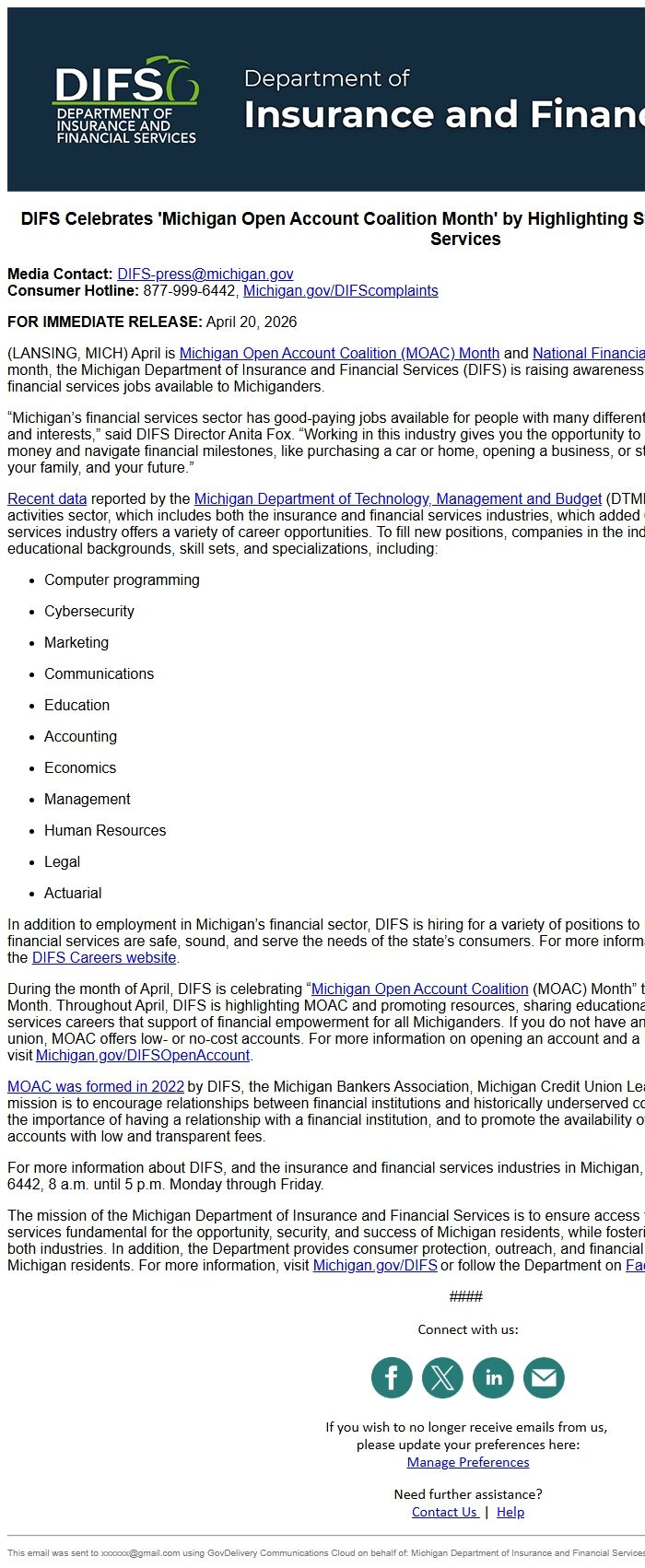 Screenshot of the email generated on import