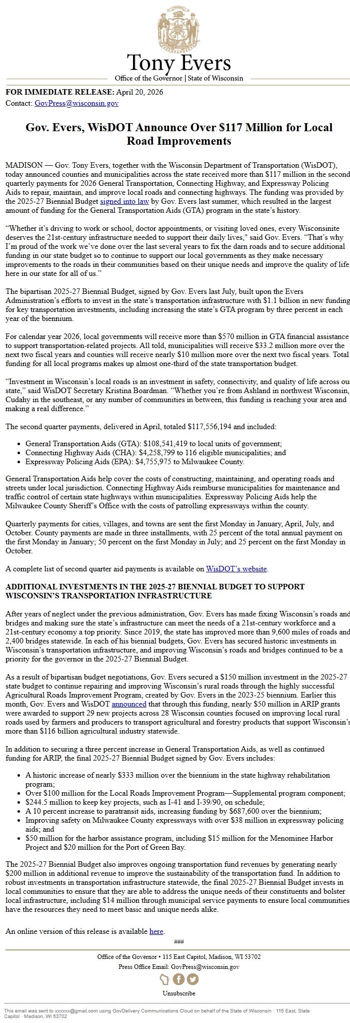 Screenshot of the email generated on import