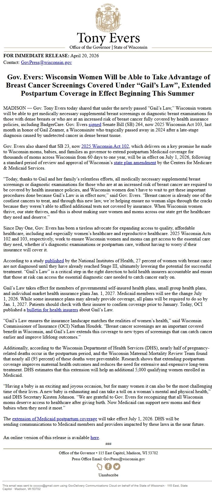 Screenshot of the email generated on import