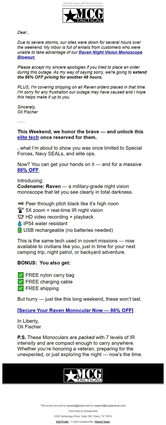 Screenshot of the email generated on import