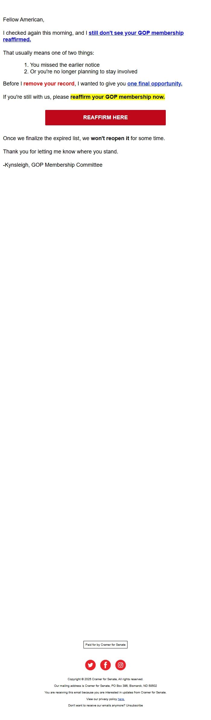 Screenshot of the email generated on import