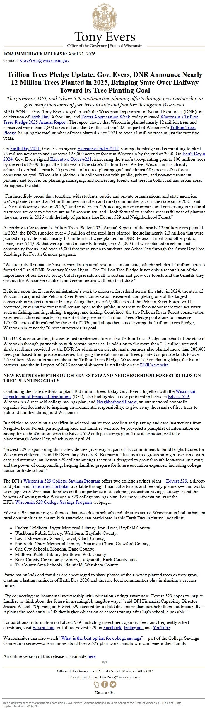 Screenshot of the email generated on import