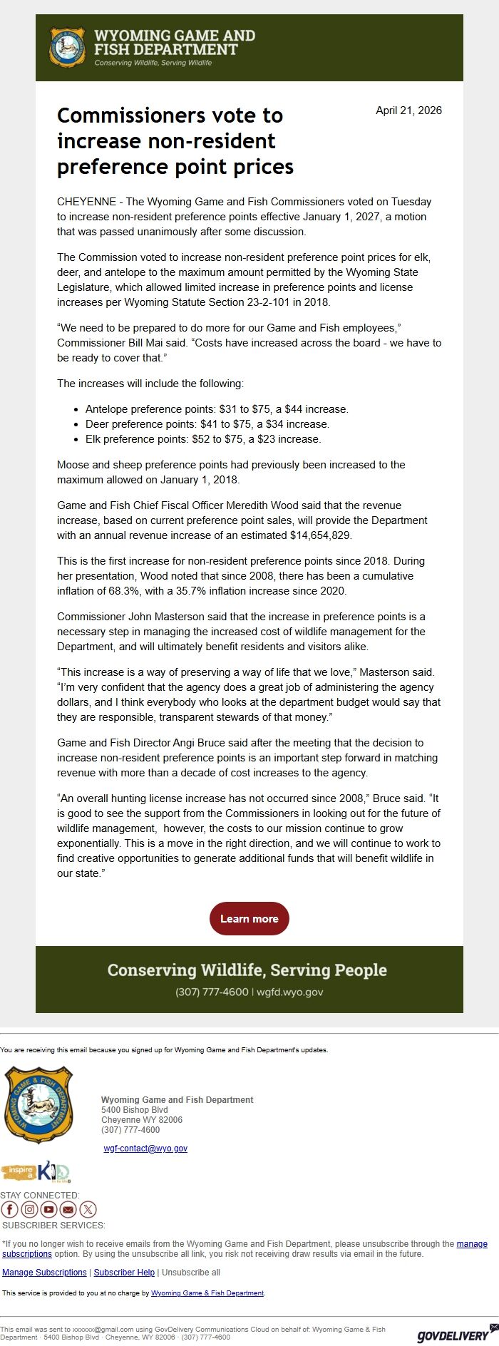 Screenshot of the email generated on import