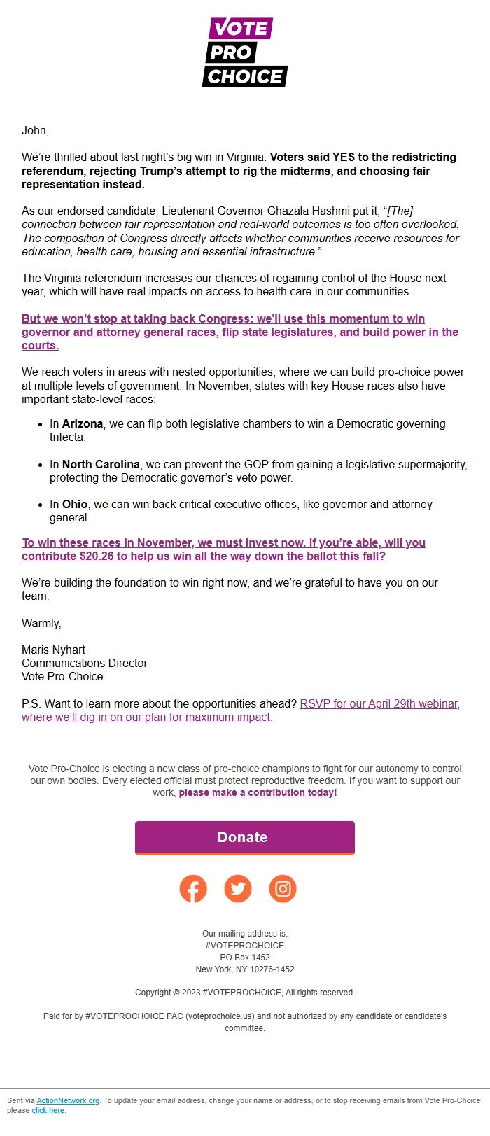 Screenshot of the email generated on import