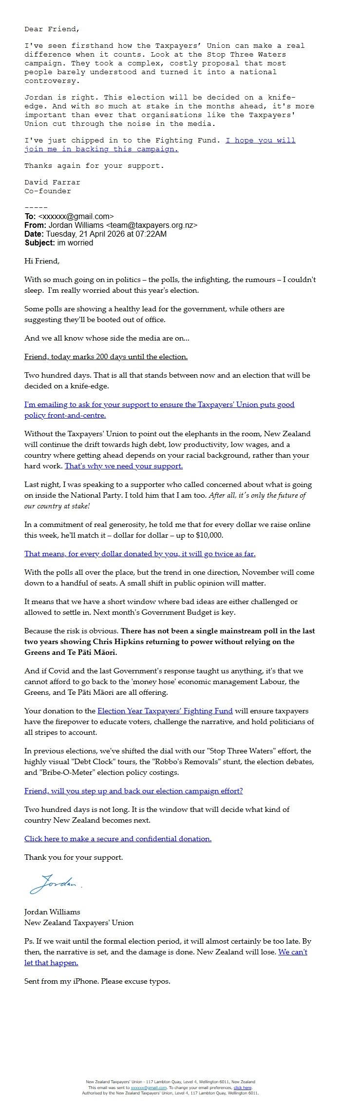 Screenshot of the email generated on import