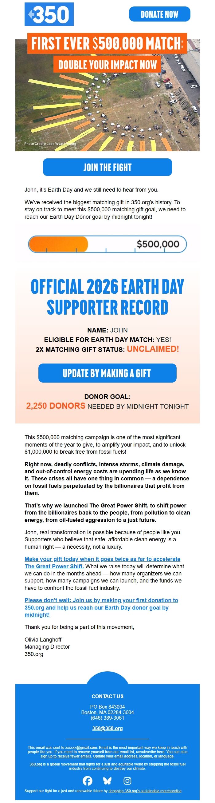 Screenshot of the email generated on import