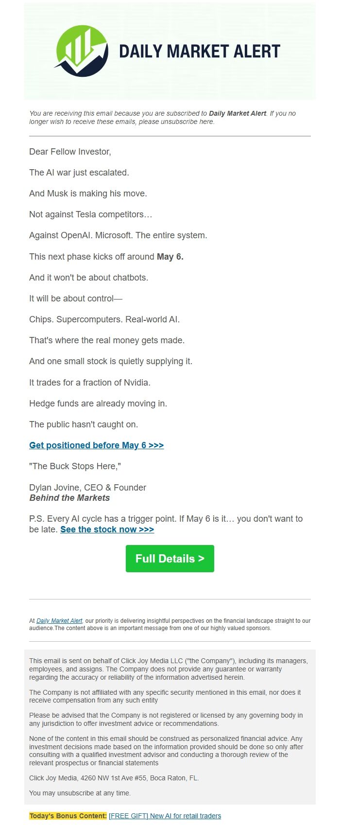 Screenshot of the email generated on import