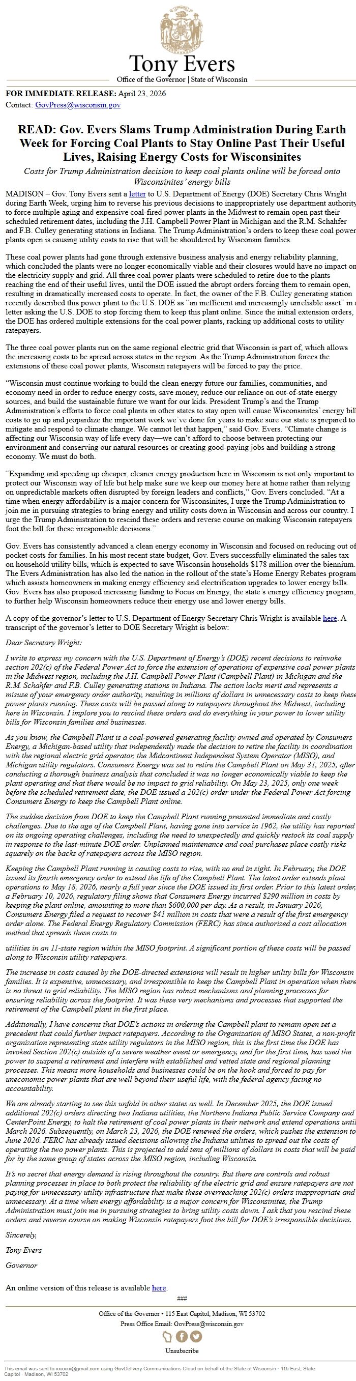 Screenshot of the email generated on import