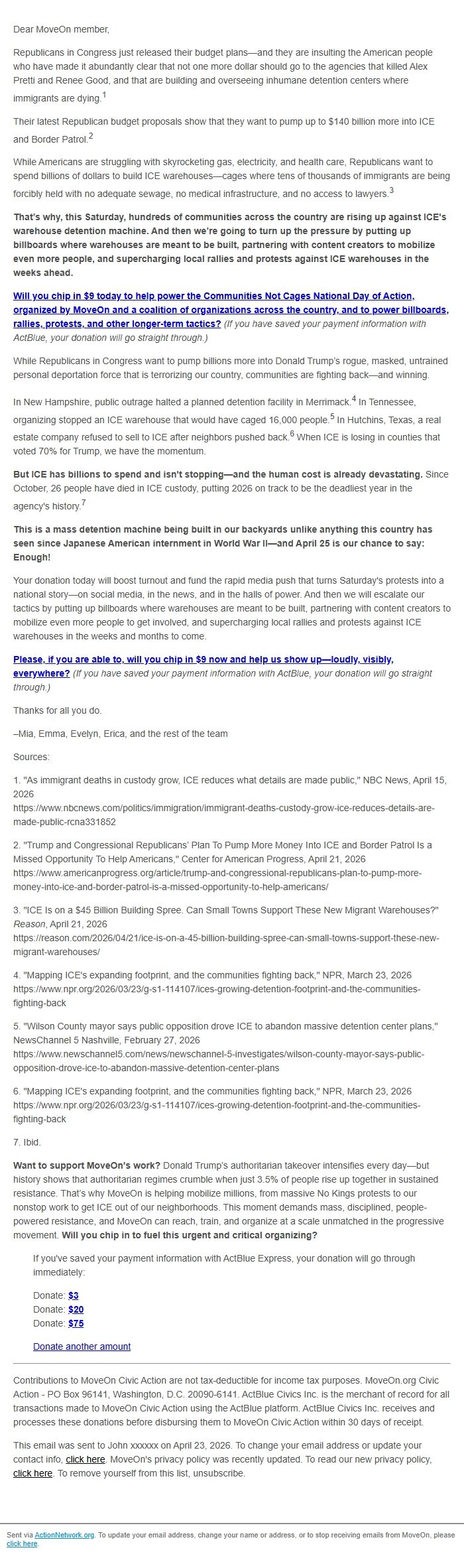 Screenshot of the email generated on import