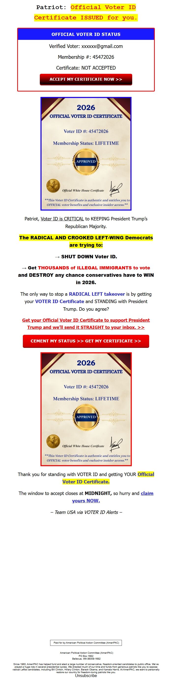 Screenshot of the email generated on import