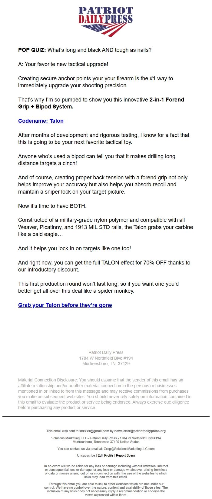 Screenshot of the email generated on import