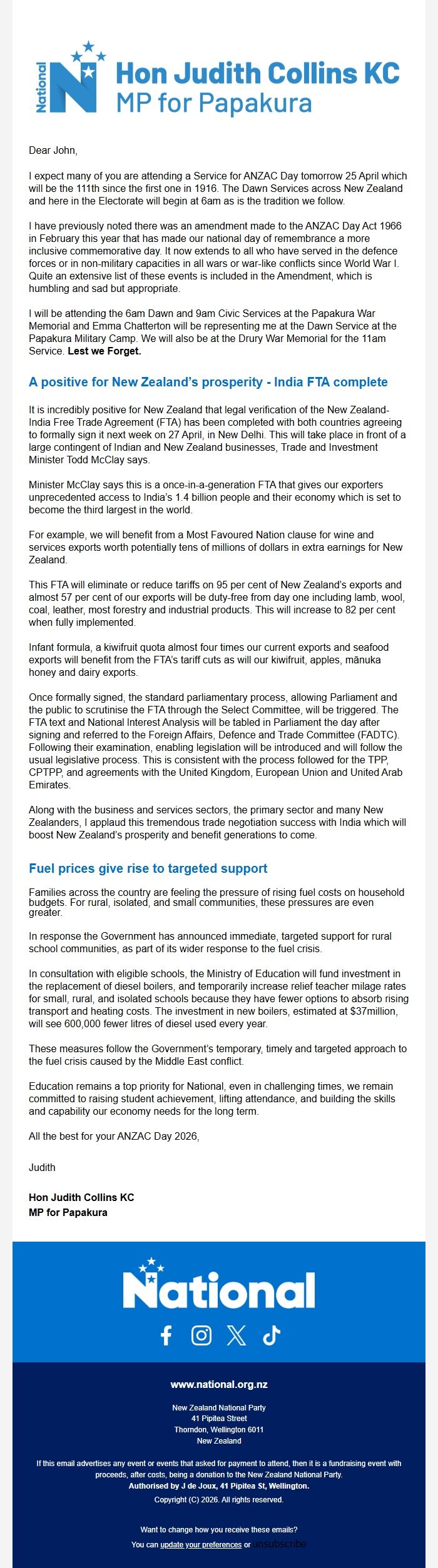 Screenshot of the email generated on import