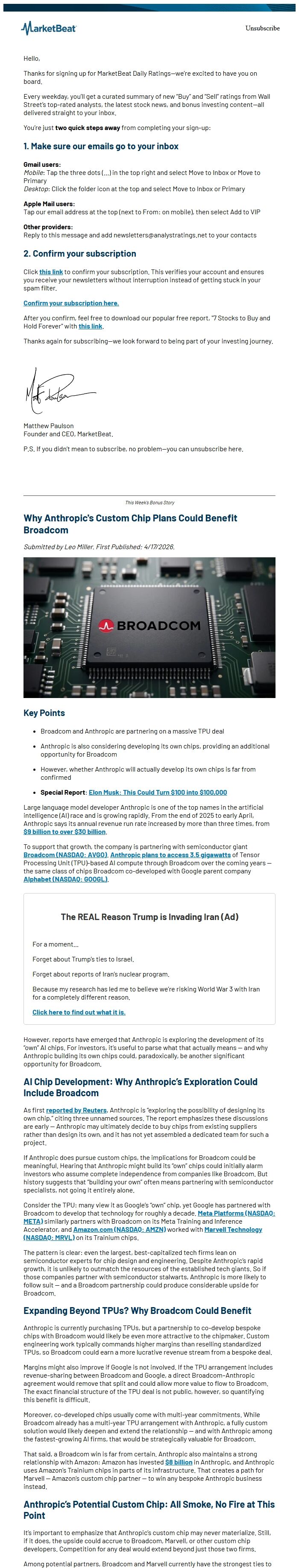 Screenshot of the email generated on import