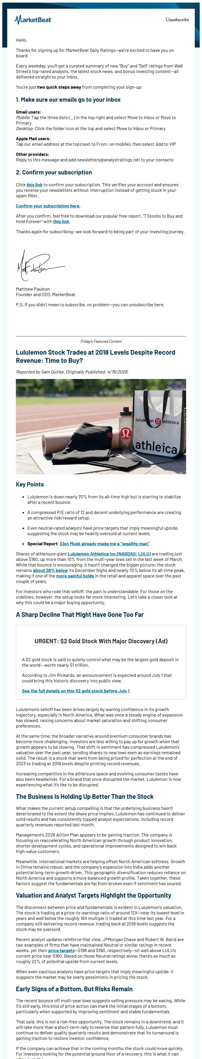 Screenshot of the email generated on import