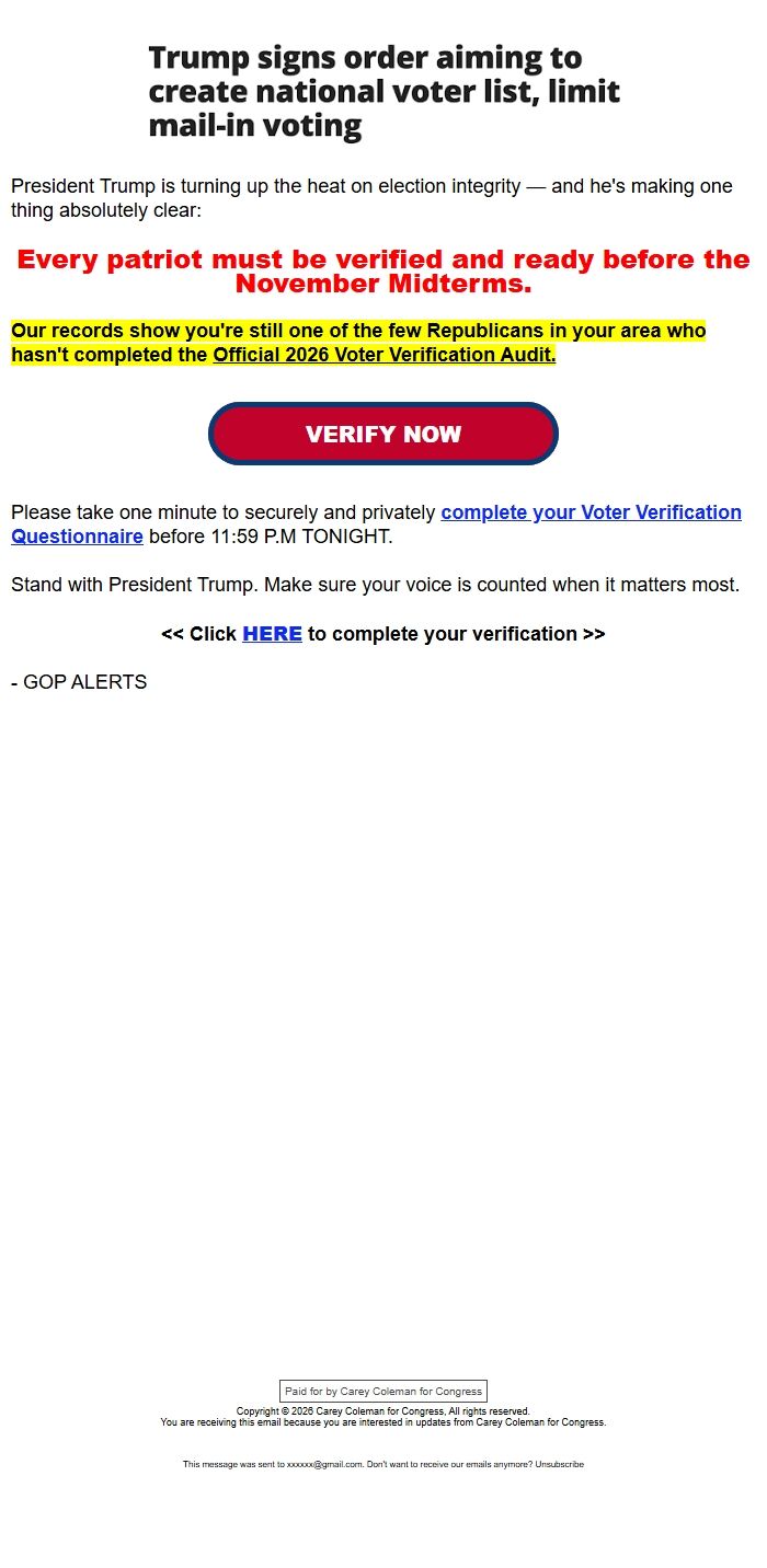 Screenshot of the email generated on import