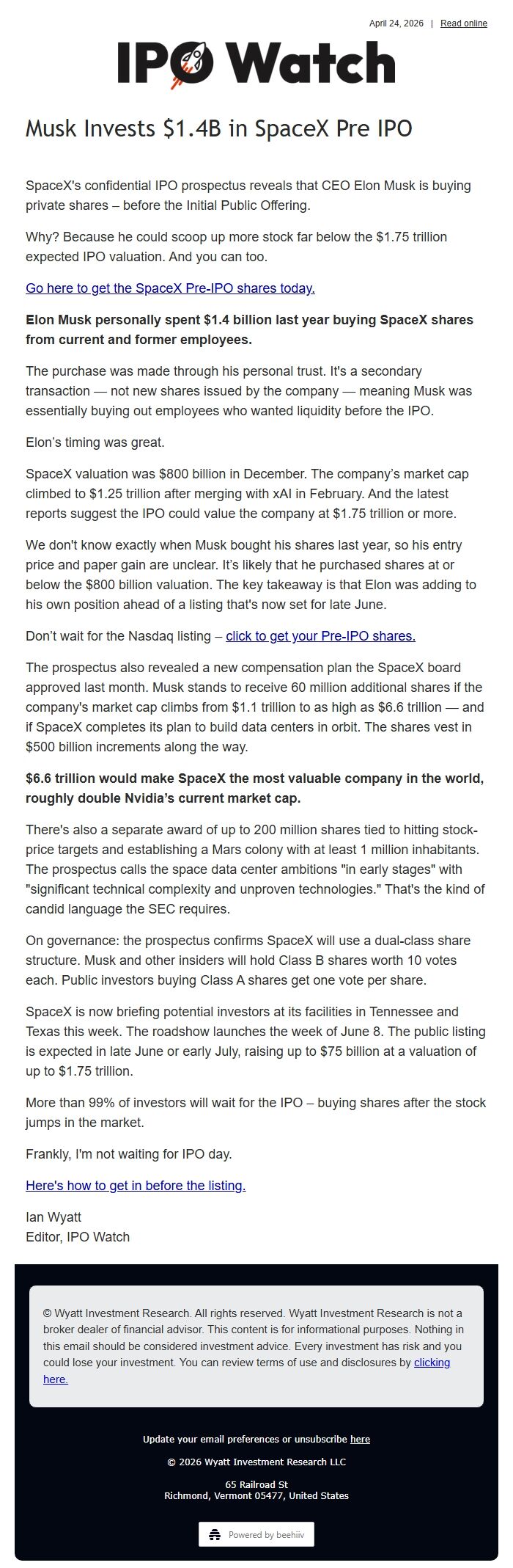 Screenshot of the email generated on import