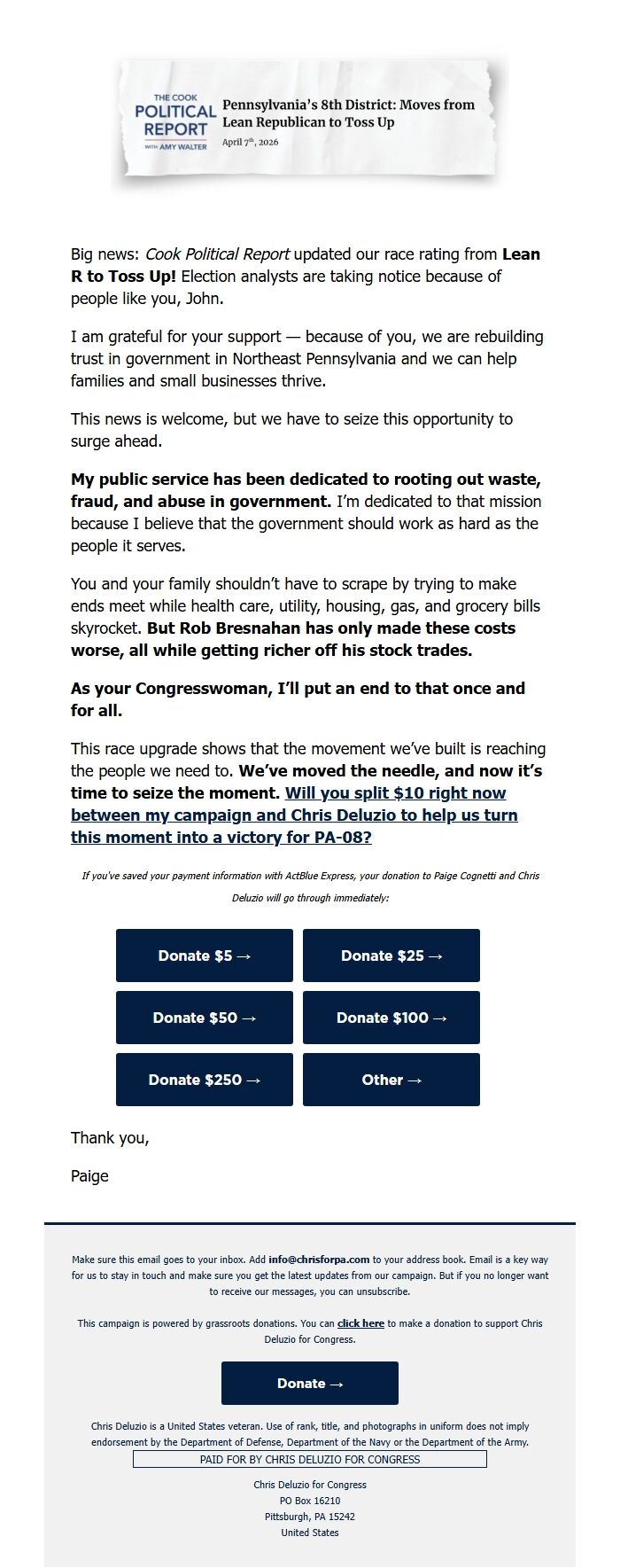 Screenshot of the email generated on import