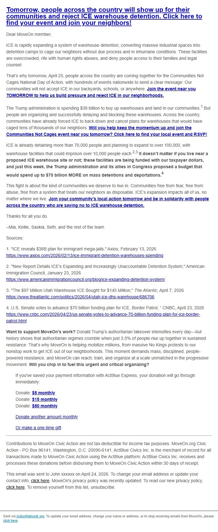 Screenshot of the email generated on import