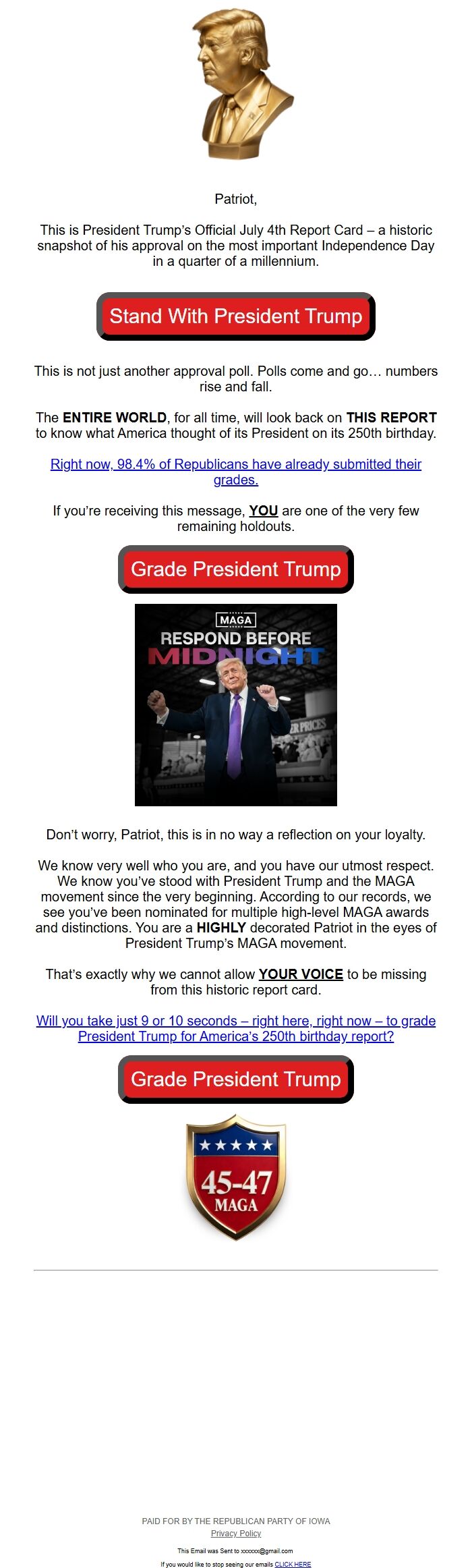 Screenshot of the email generated on import