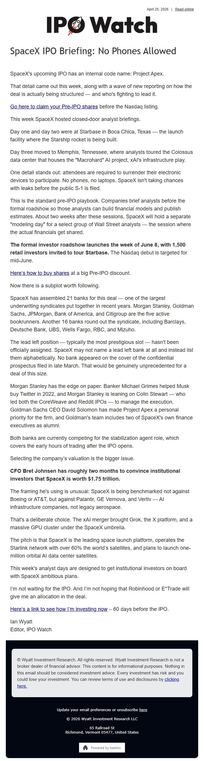 Screenshot of the email generated on import