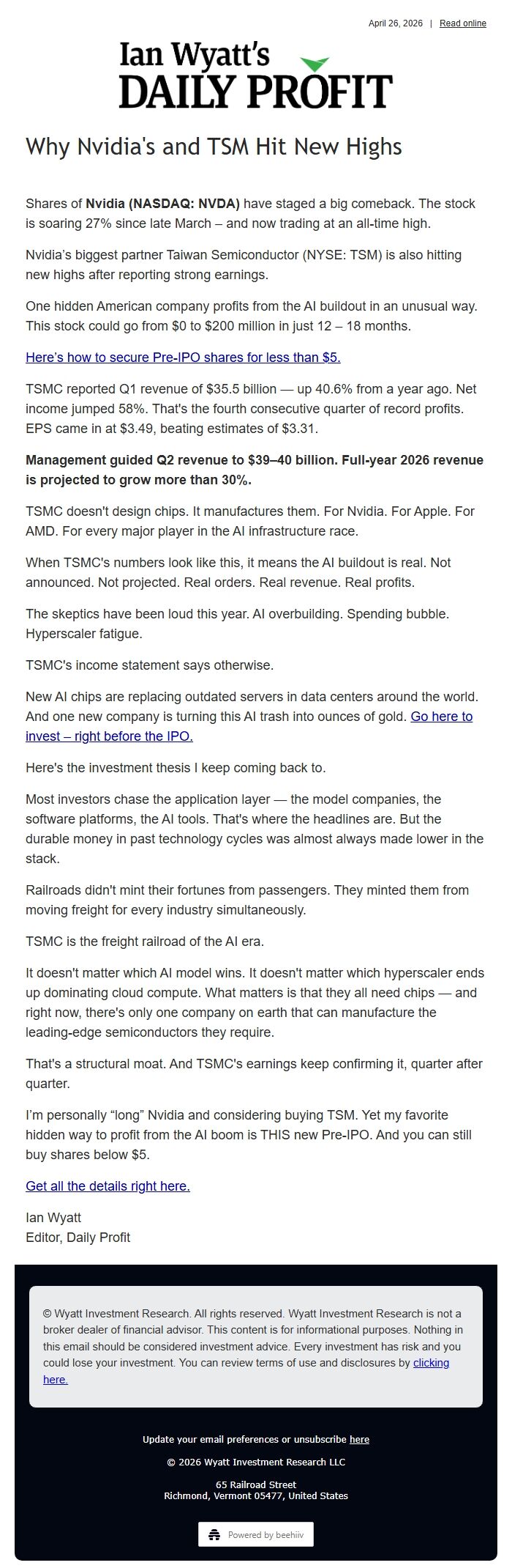 Screenshot of the email generated on import