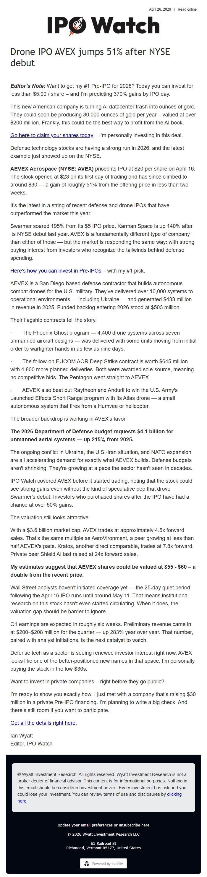 Screenshot of the email generated on import