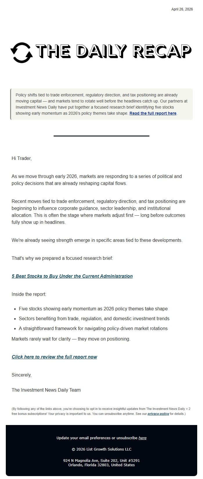 Screenshot of the email generated on import