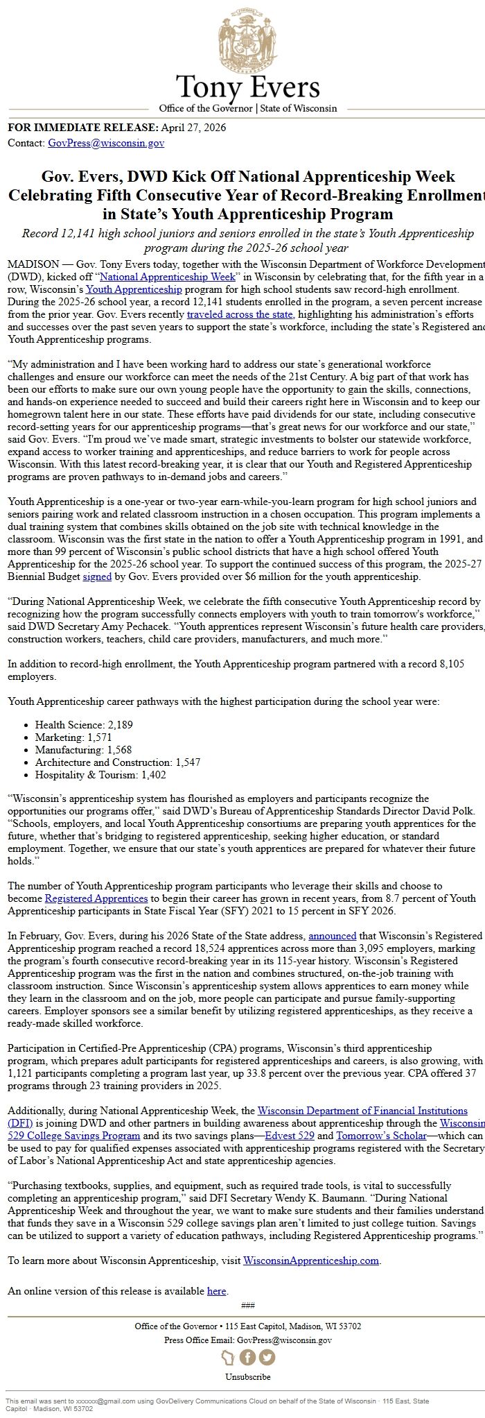 Screenshot of the email generated on import