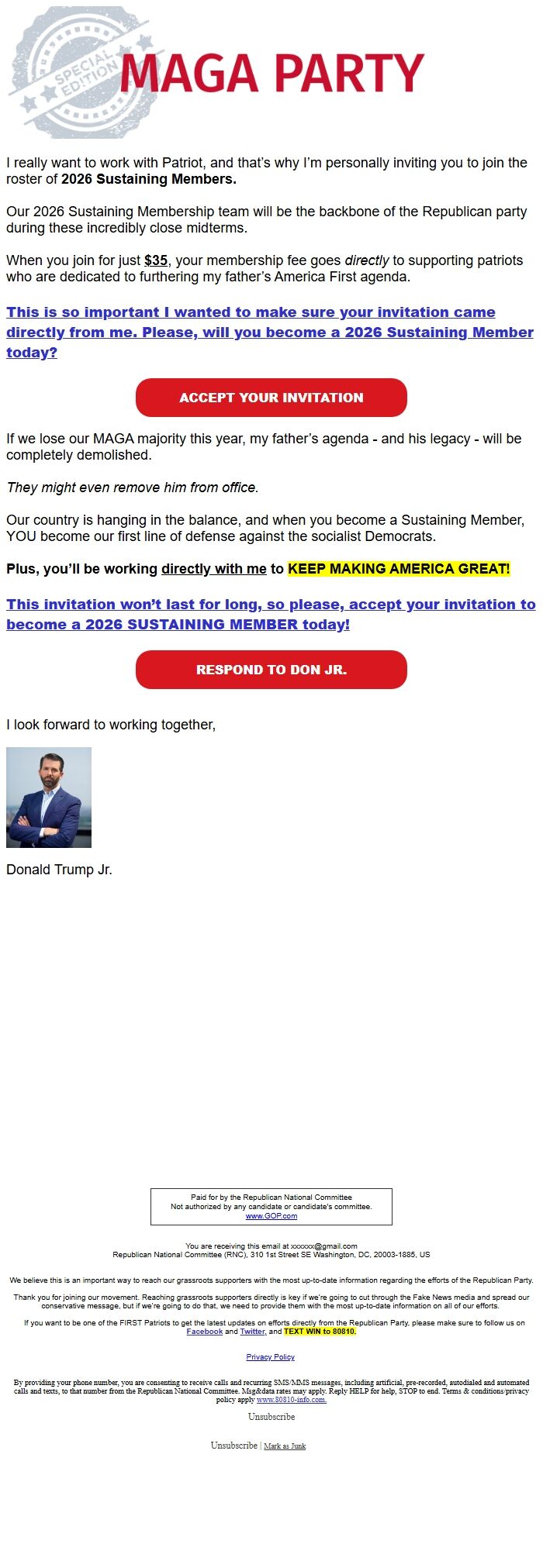 Screenshot of the email generated on import