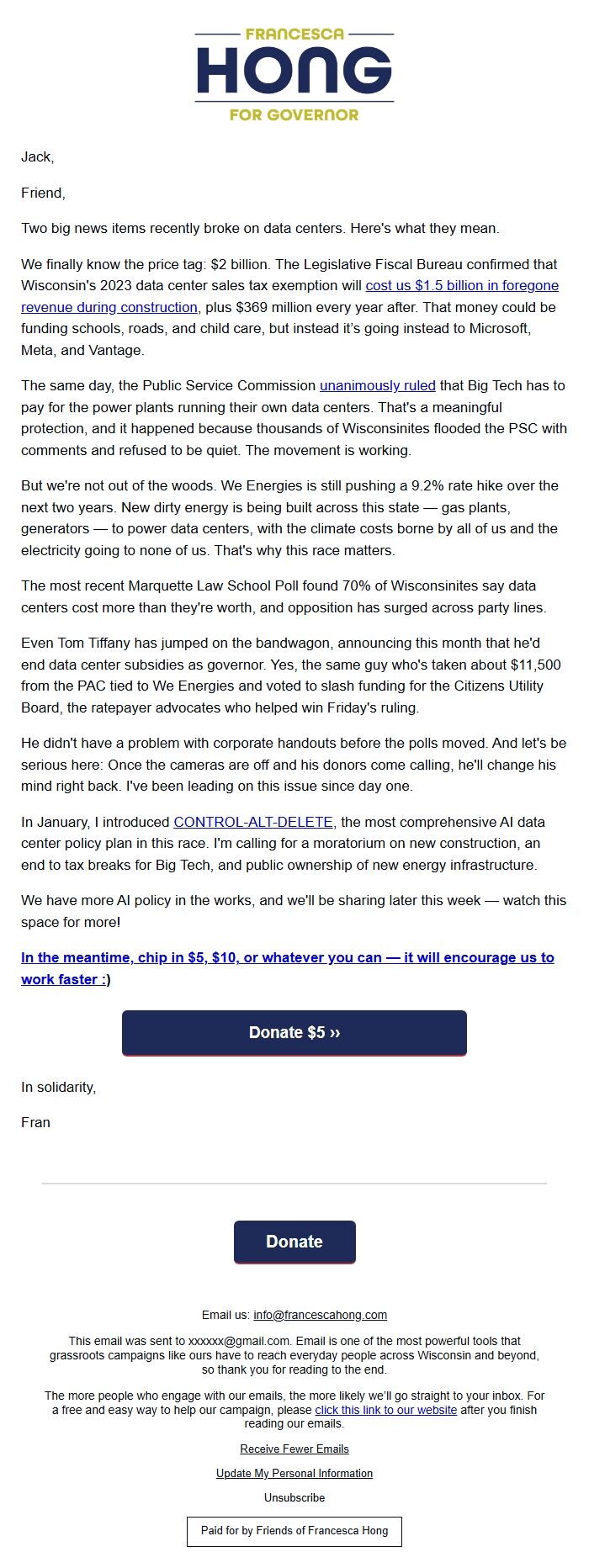 Screenshot of the email generated on import